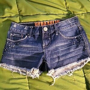 Embellished Rhinestone Denim Jean Shorts w Frayed Hem by Hydraulic size 7/8